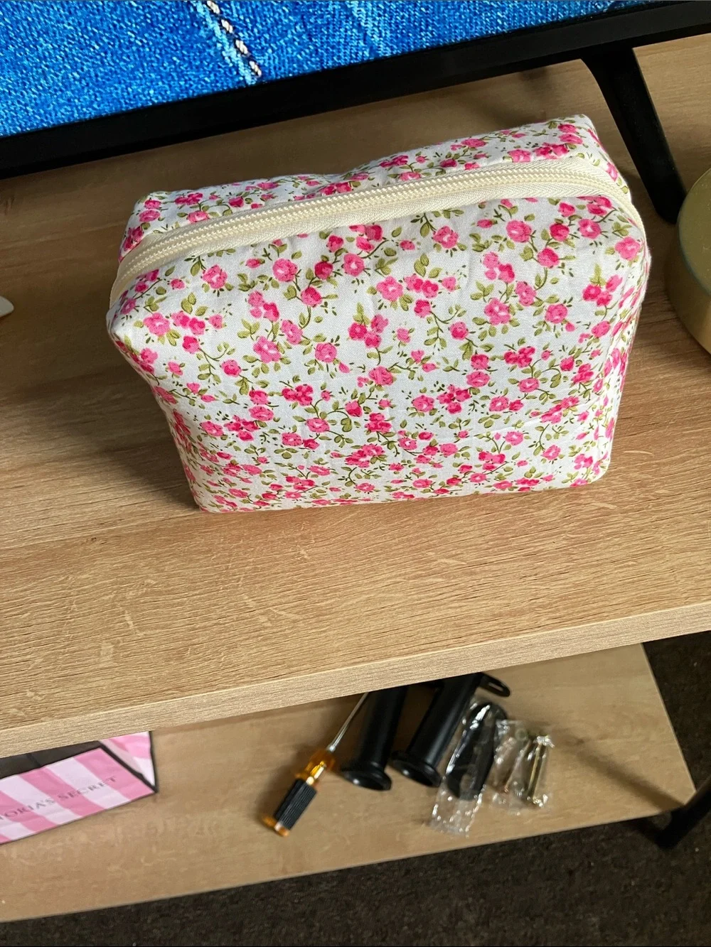Floral Pink Canvas Cosmetic Pouch - Quilted Travel Bag